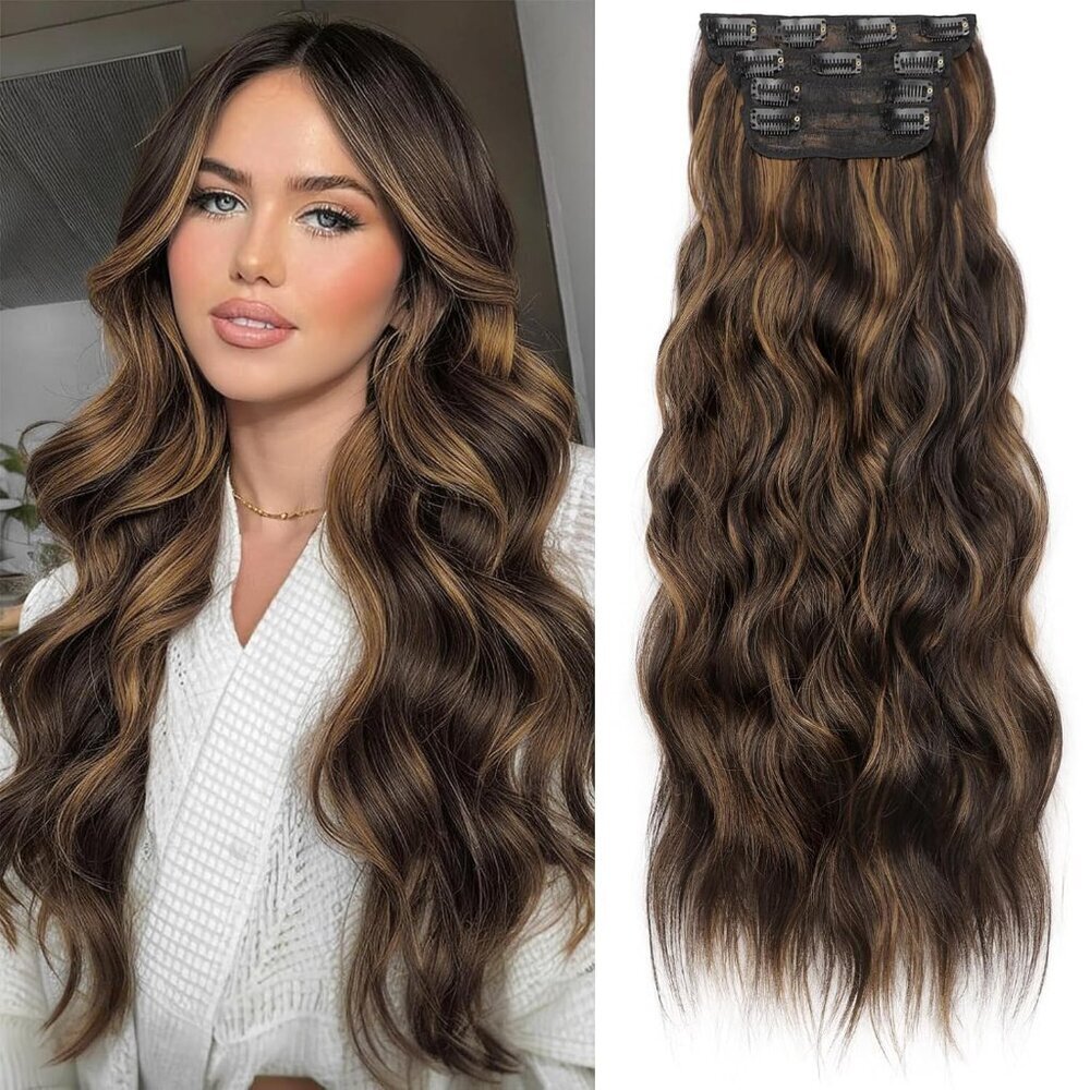 Clip In Hair Extensions Synthetic Long Wavy Balayage Dark Brown Chestnut